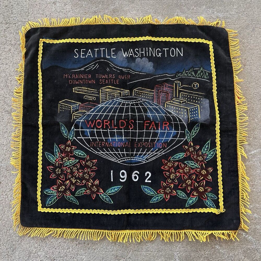VTG Rare 1962 Seattle World’s Fair Black Velvet Fringed Pillow Cover Mt Rainier